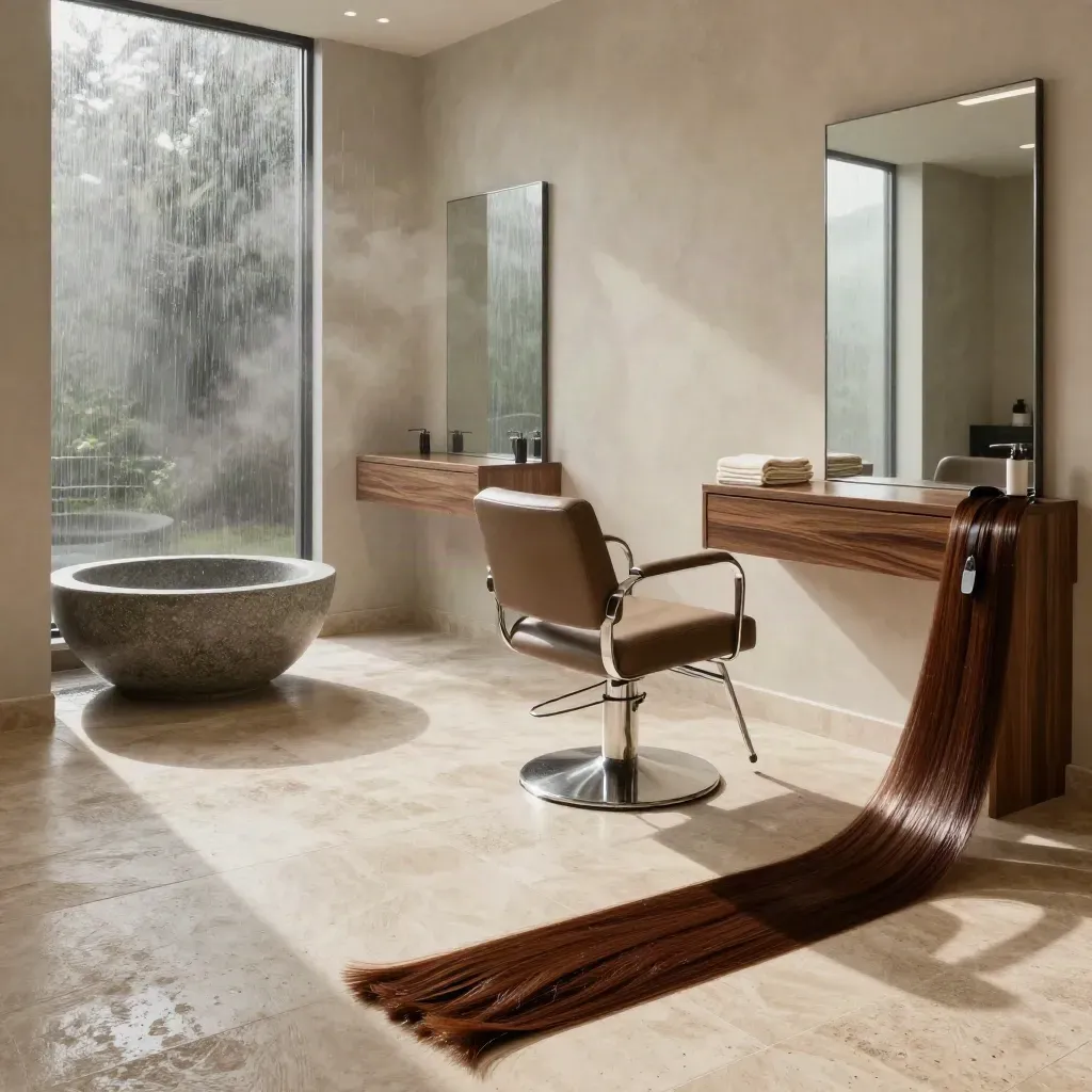Leerer Premium-Friseursalon mit Waschtisch, Walnusstisch, Chromstuhl und sanftem Morgenlicht.