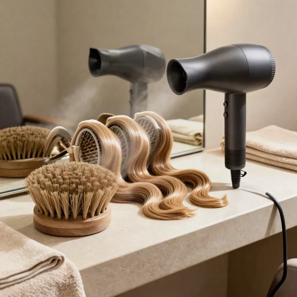 Föhn-Welle auf Mannequin mit Rundbürste und Lockenwicklern im Salonlicht