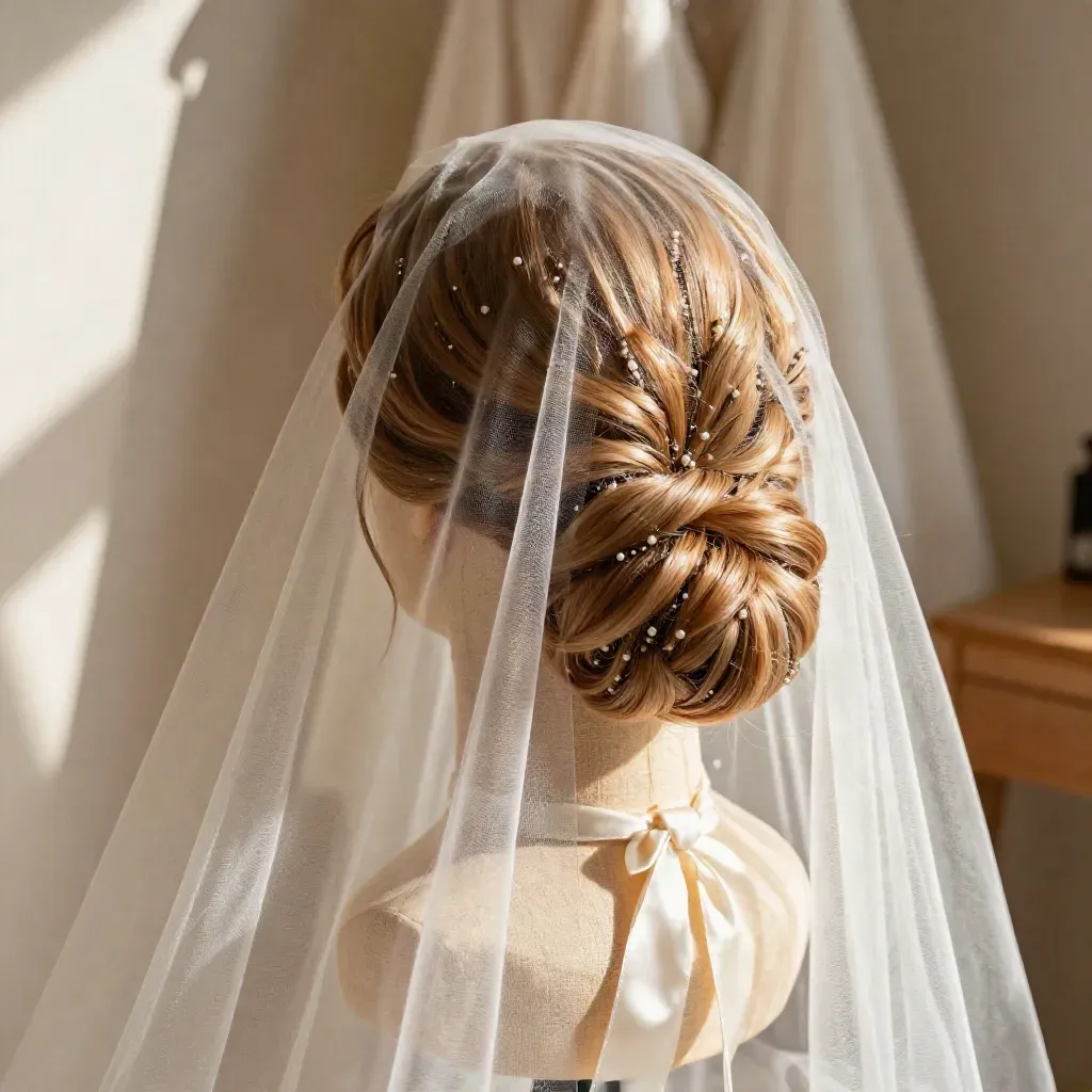 Bridal-Chignon mit Perlennadeln, Schleier und Satinband im warmen Salonlicht.