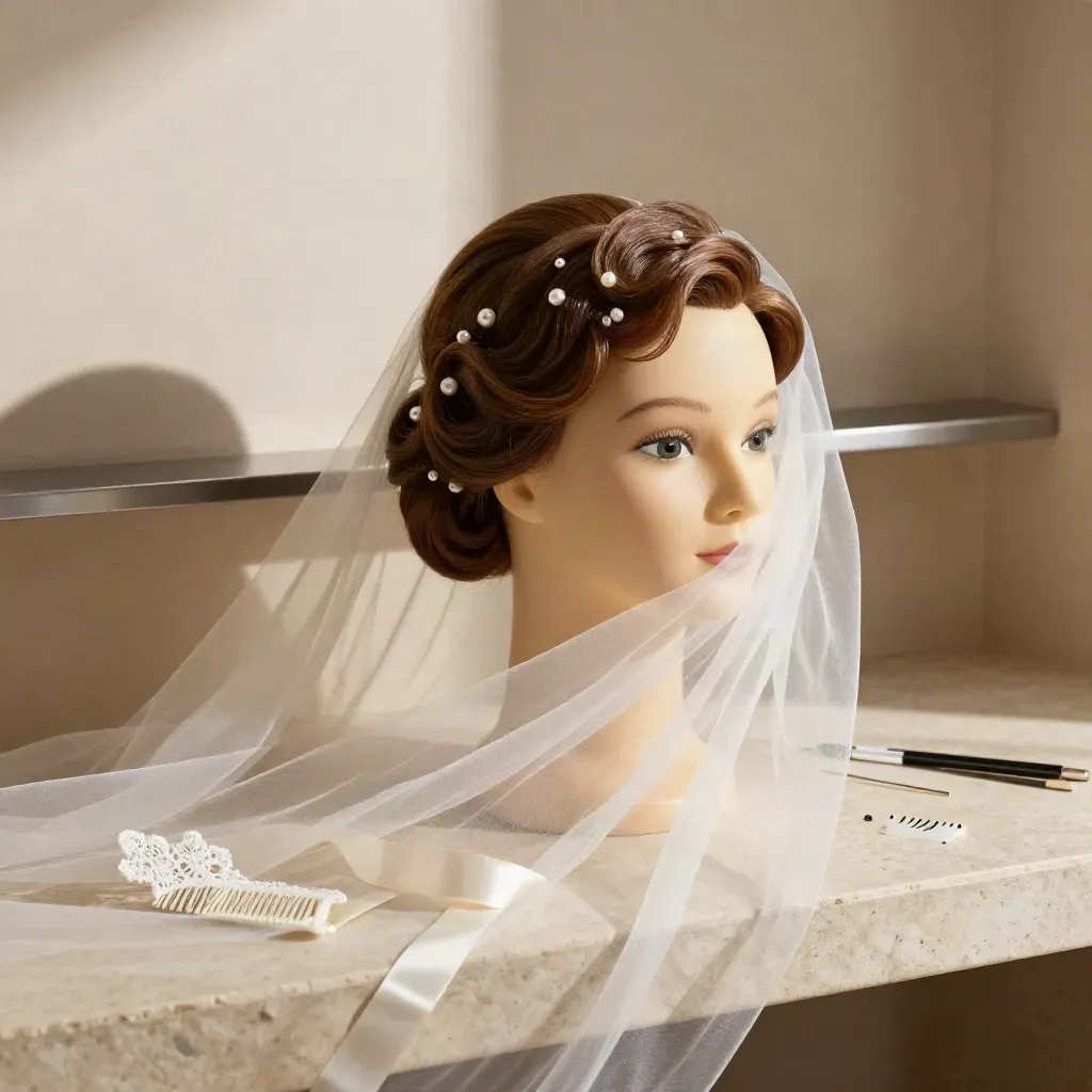 Bridal-Updo auf Übungskopf mit Schleier, Perlennadeln und Salonzubehör im hellen Licht