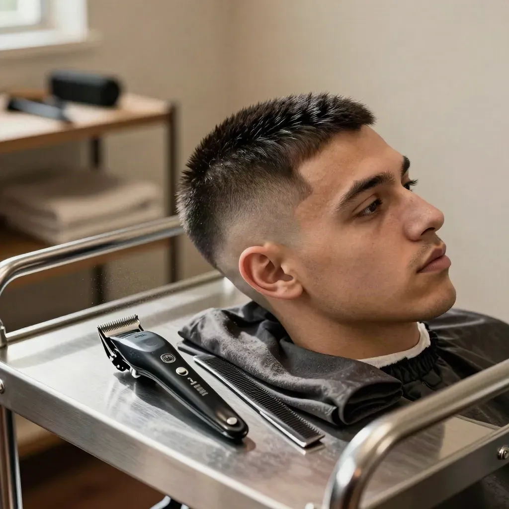 Trainingskopf mit sauberem Taper-Fade, Kamm und Haarschneidemaschine auf Salonwagen.