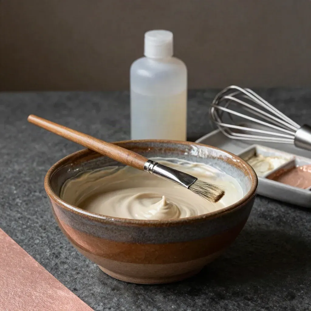 Mischschale mit Färbebürste, Entwickler und Farbtray auf dunklem Stein