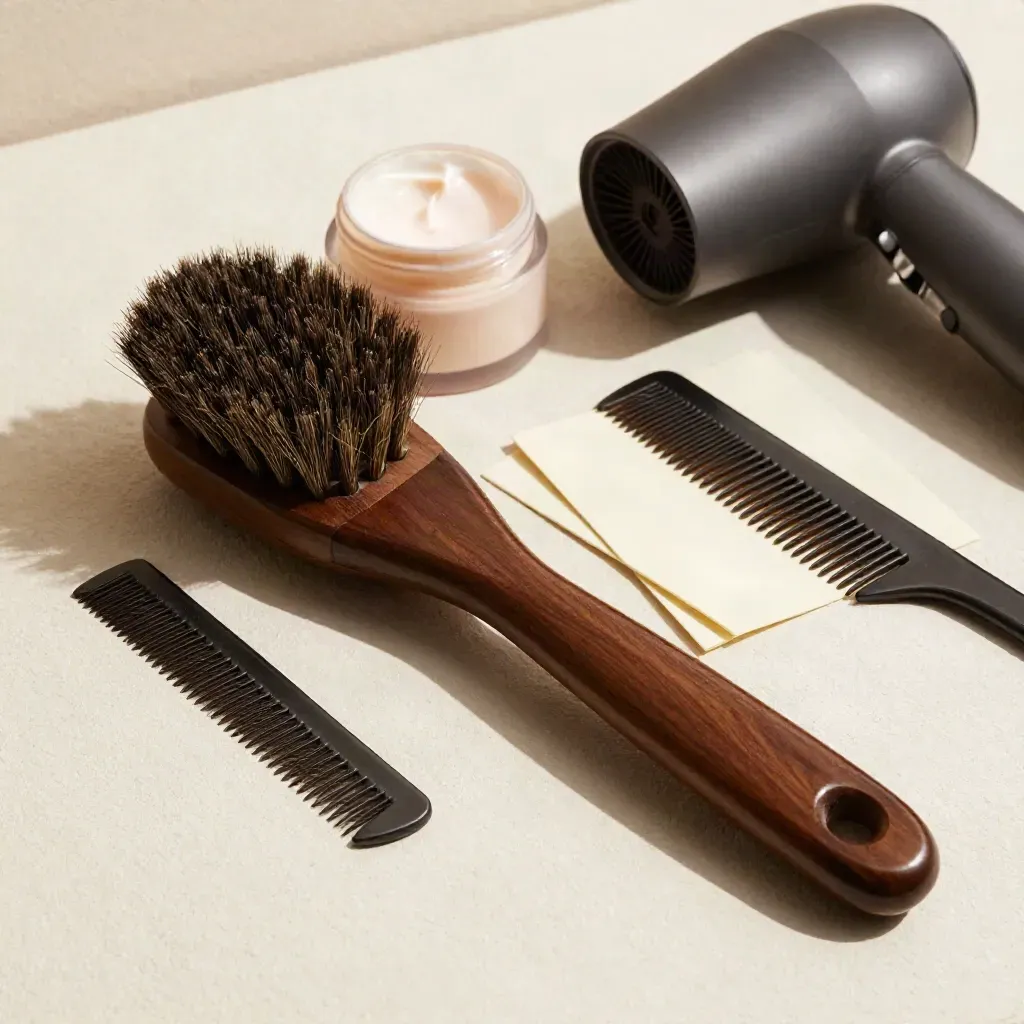 Rundbürste, Stylingcreme, Kamm und Föhnaufsatz auf heller Putzfläche.