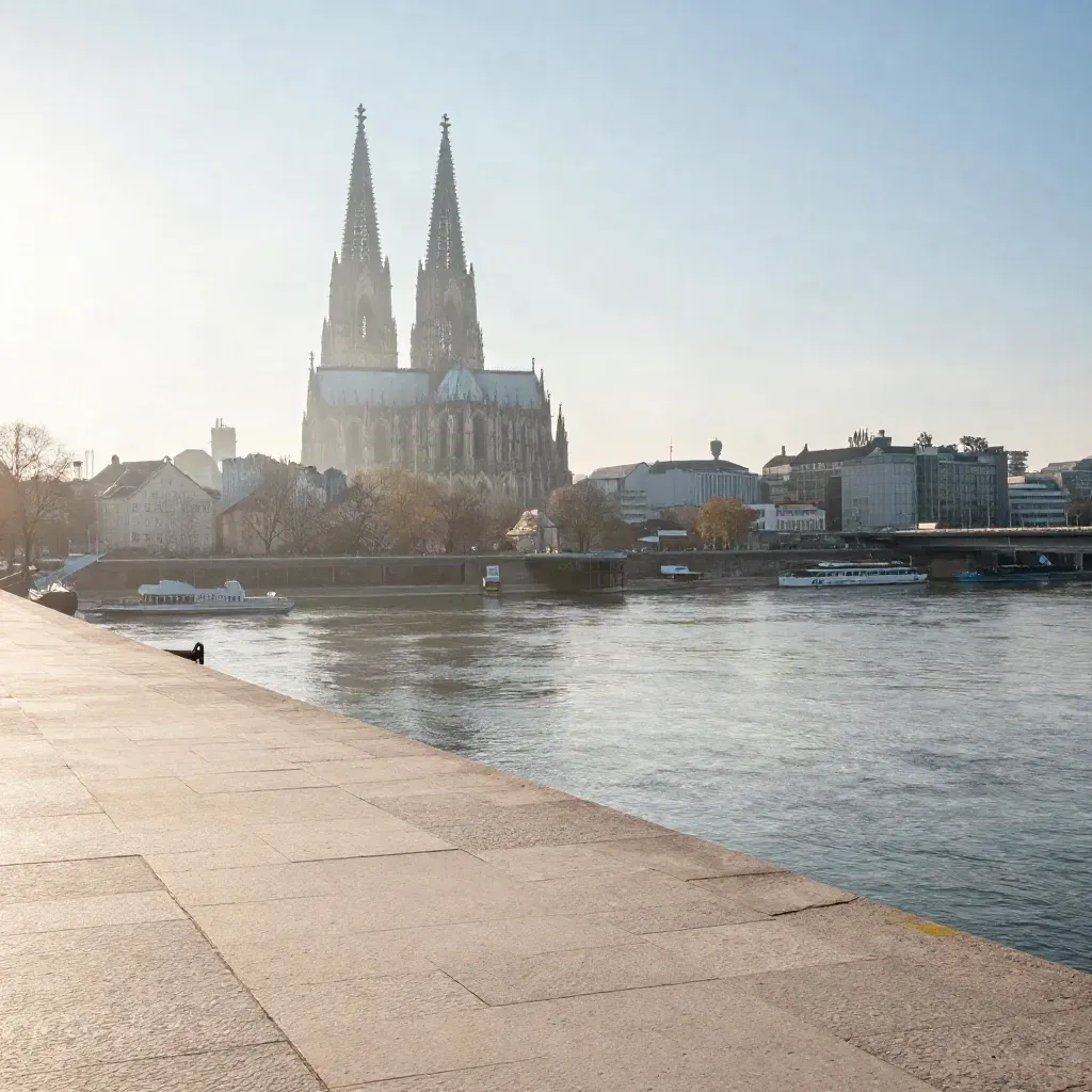 Kölner Dom und Rhein im Morgennebel vom ruhigen Ufer aus