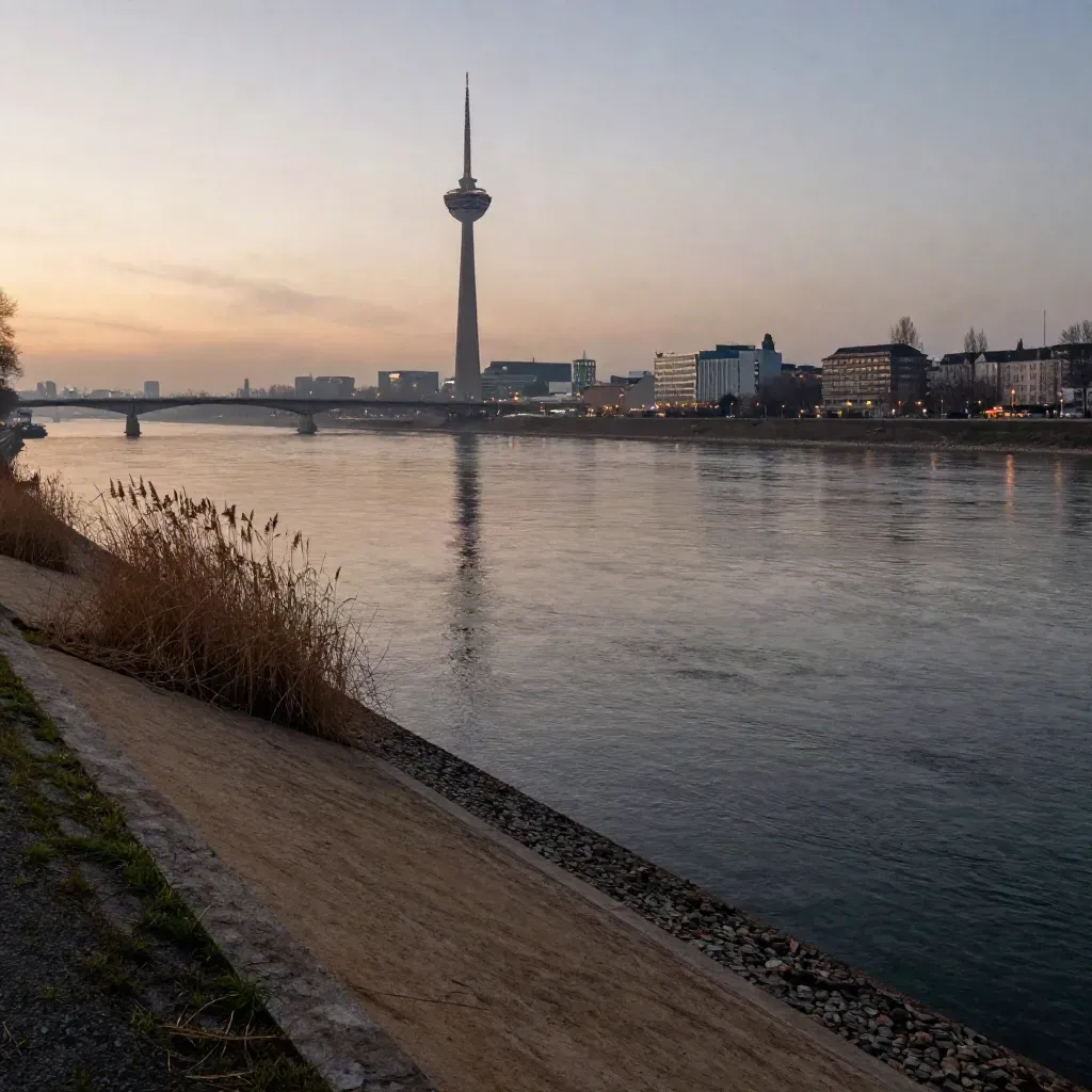 Düsseldorfs Rheinbogen mit Rheinturm im Dunst, ruhiges Wasser und Abendlichter.
